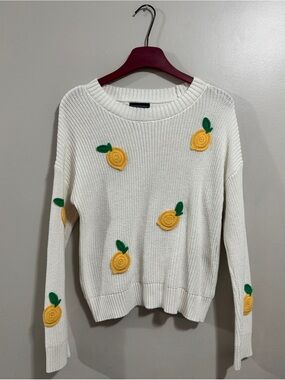 Cynthia Rowley Lemon Sweater M White Knit Fruit Lemon Embroidered Cottagecore